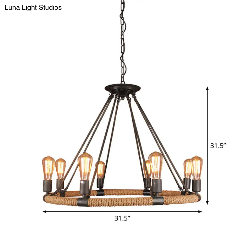 Rope-Wrapped Circle Pendant Light With Multiple Bulbs In Black And Brown