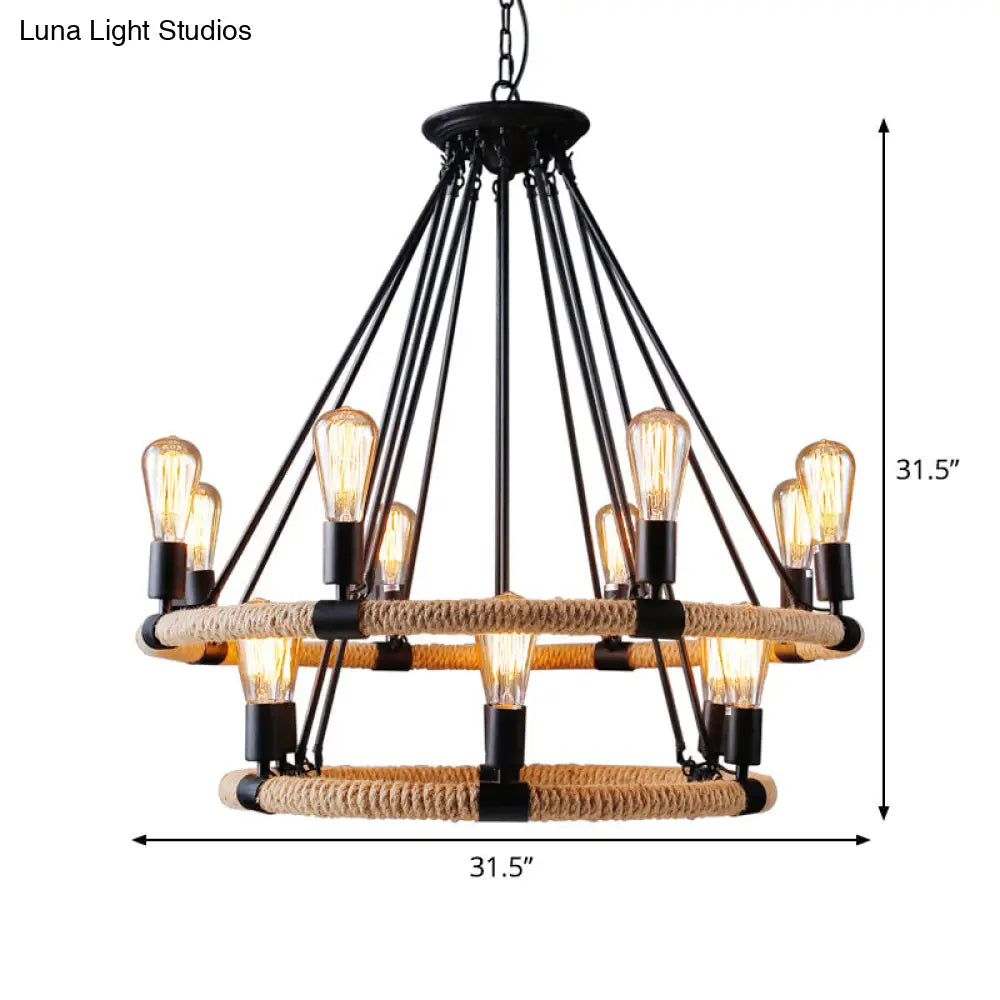 Rope-Wrapped Circle Pendant Light With Multiple Bulbs In Black And Brown