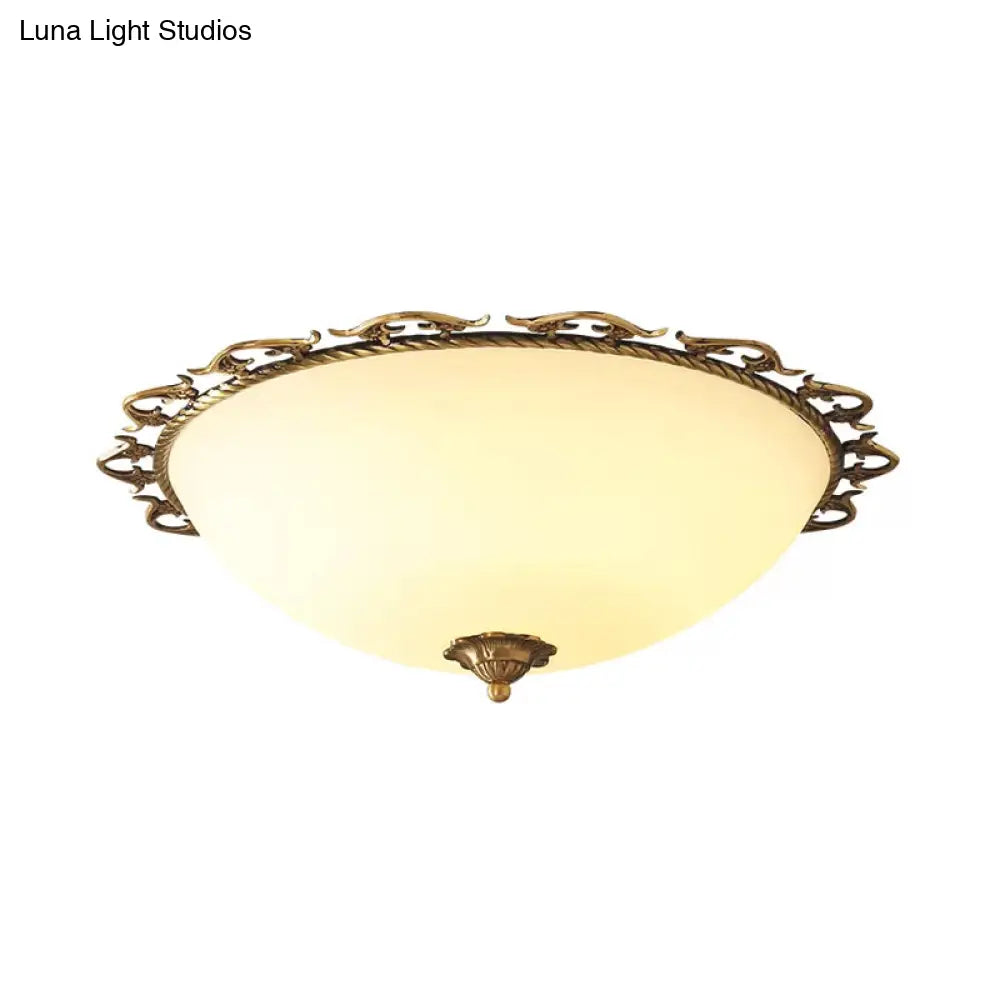Rural Brass Flush Mount Ceiling Lamp With Frosted White Glass - 3/5 Bulbs Half - Globe Design