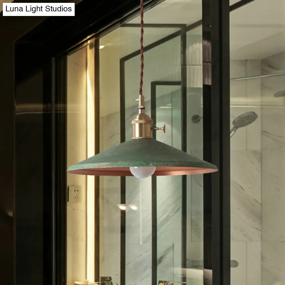 Rustic 1-Light Hanging Pendant Lamp In Blue/Red/Silver For Dining Room - Saucer Shade Iron Design