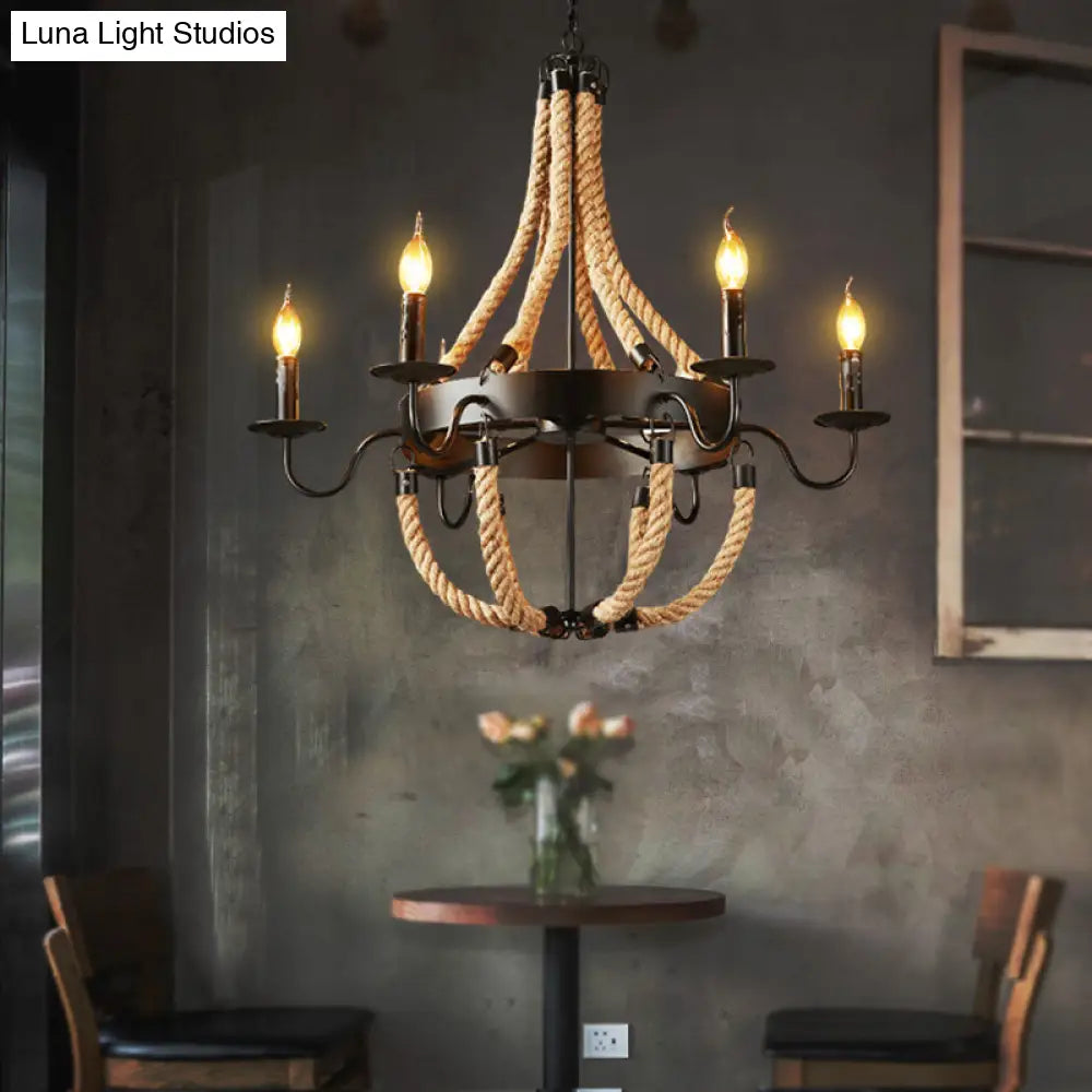 Rustic Black Metal Candelabra Pendant Chandelier - 6-Light Rope Hanging Ceiling Light With