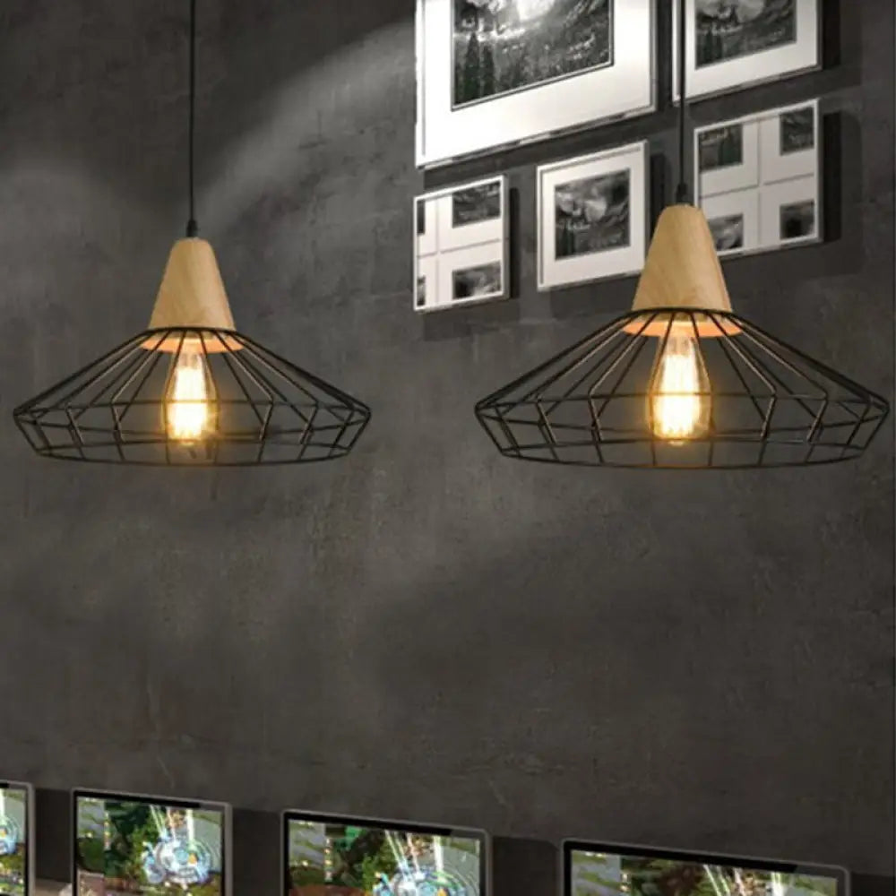 Rustic Black Metal Pendant Light With Wooden Socket - Commercial Grade 1-Light Caged Hanging