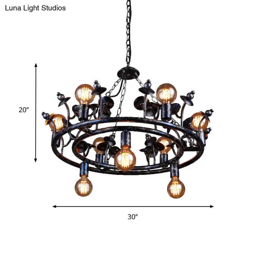 Rustic Black Metal Round Chandelier Pendant Light With Multiple Open Bulbs