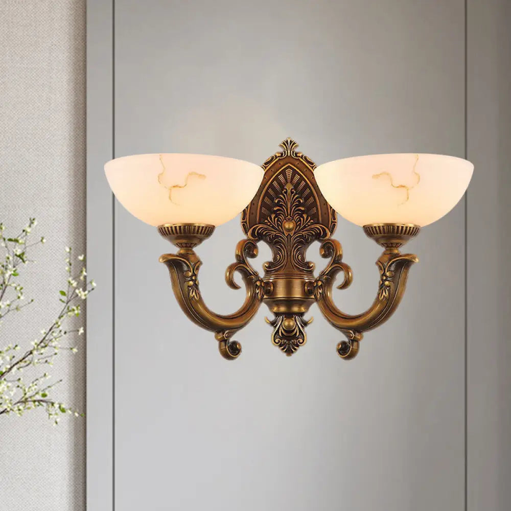 Rustic Brass Finish Glass Wall Lamp With Swirled Arm - 2 Heads Bowl Mount Lighting