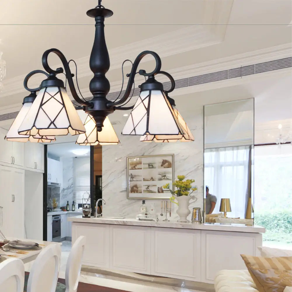 Rustic Cone Pendant Light With Gooseneck Rhombus/Leaf Pattern - 5 Lights Stained Glass Chandelier