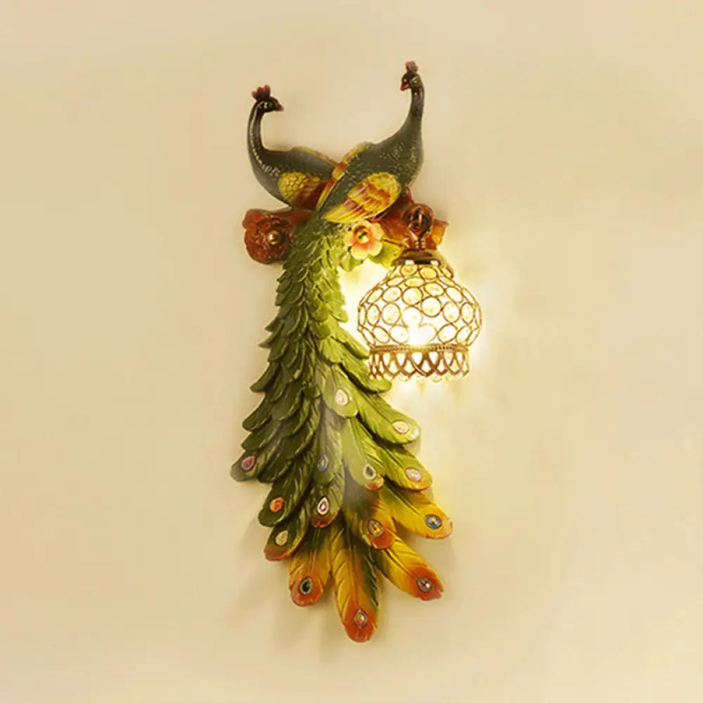 Rustic Crystal-Encrusted Lantern Wall Lamp: Multicolored Peacock Deco 1-Light Sconce For Living Room