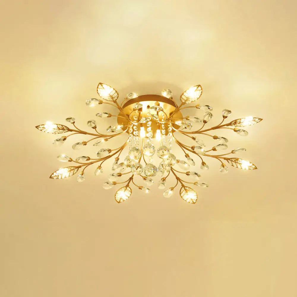 Rustic Crystal Led Ceiling Light Fixture For Hallway - Gold Branches Flush Mount Lamp 8 /