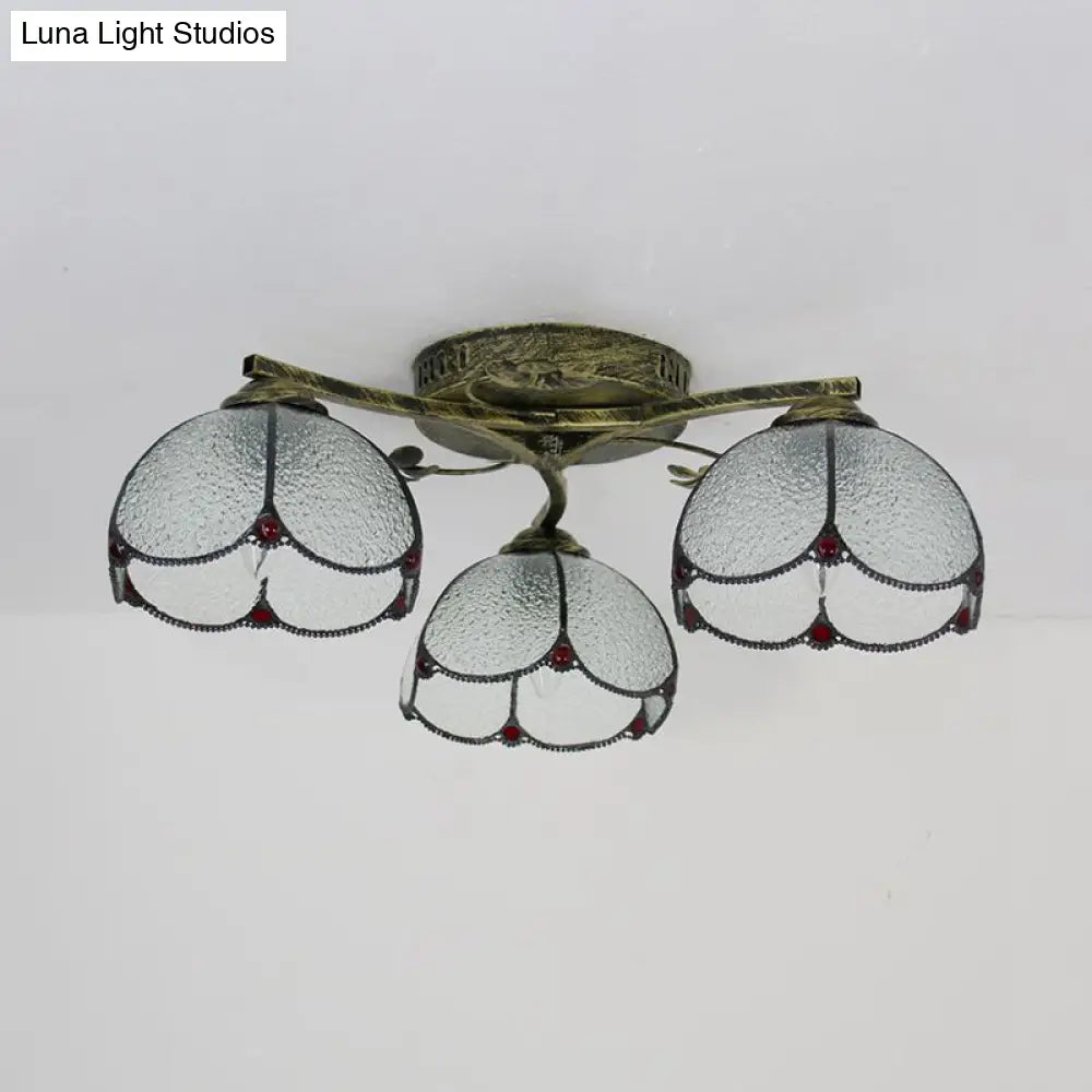 Rustic Dome Ceiling Fixture - Beige/Yellow-Blue/Clear/Blue Glass Flush Mount 3 Lights Living Room