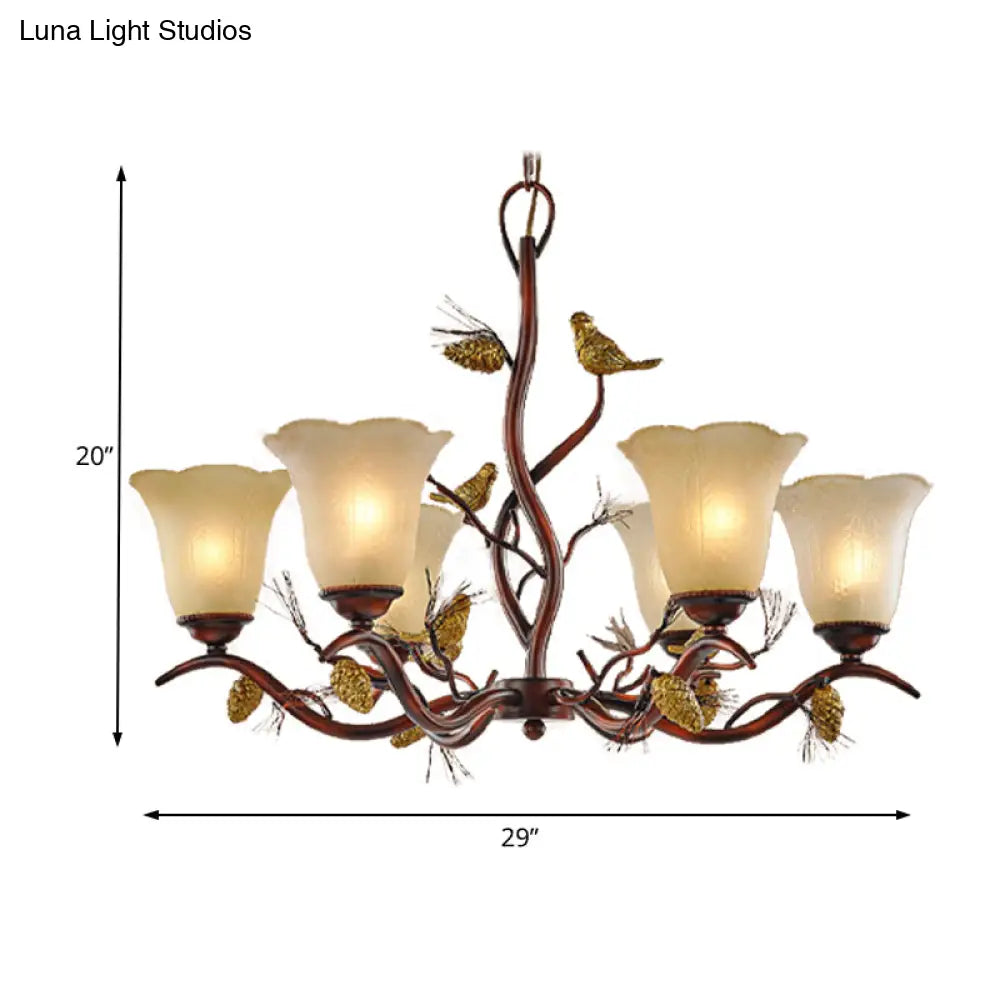Rustic Frosted Glass Ceiling Chandelier With Bird Flower Shape 3/6/8 Lights - Brown Hanging Fixture