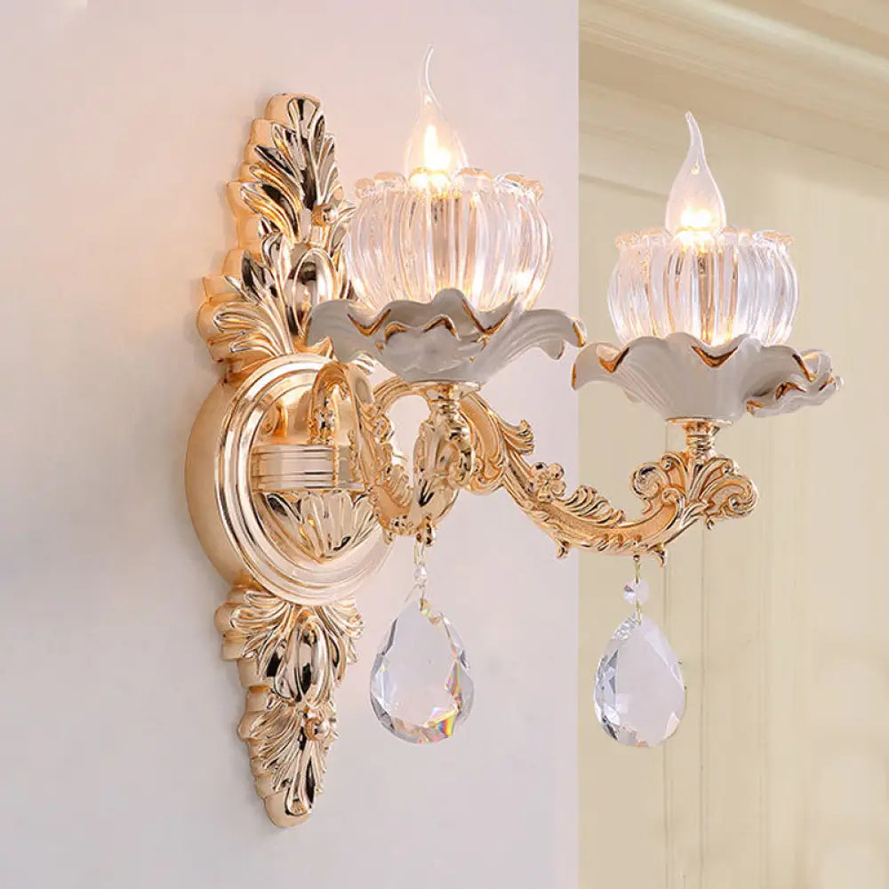 Rustic Gold Ruffle Wall Mount Sconce Light With Clear Ribbed Glass - Traditional Design 2 /