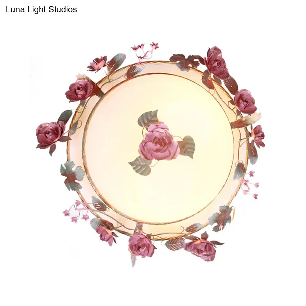 Rustic Metal Bowl Ceiling Lamp With Flower Decor - Flush Mount Light Fixture For Dining Room White