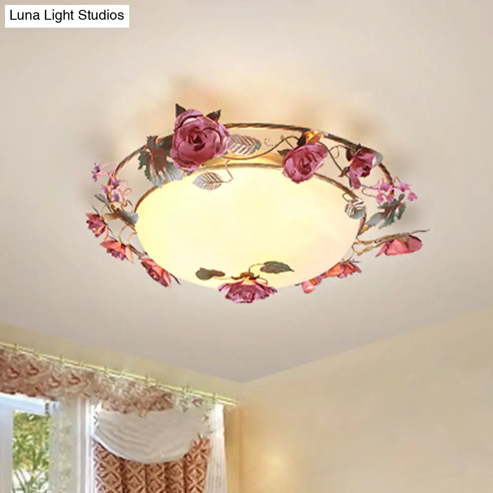Rustic Metal Bowl Ceiling Lamp With Flower Decor - Flush Mount Light Fixture For Dining Room White