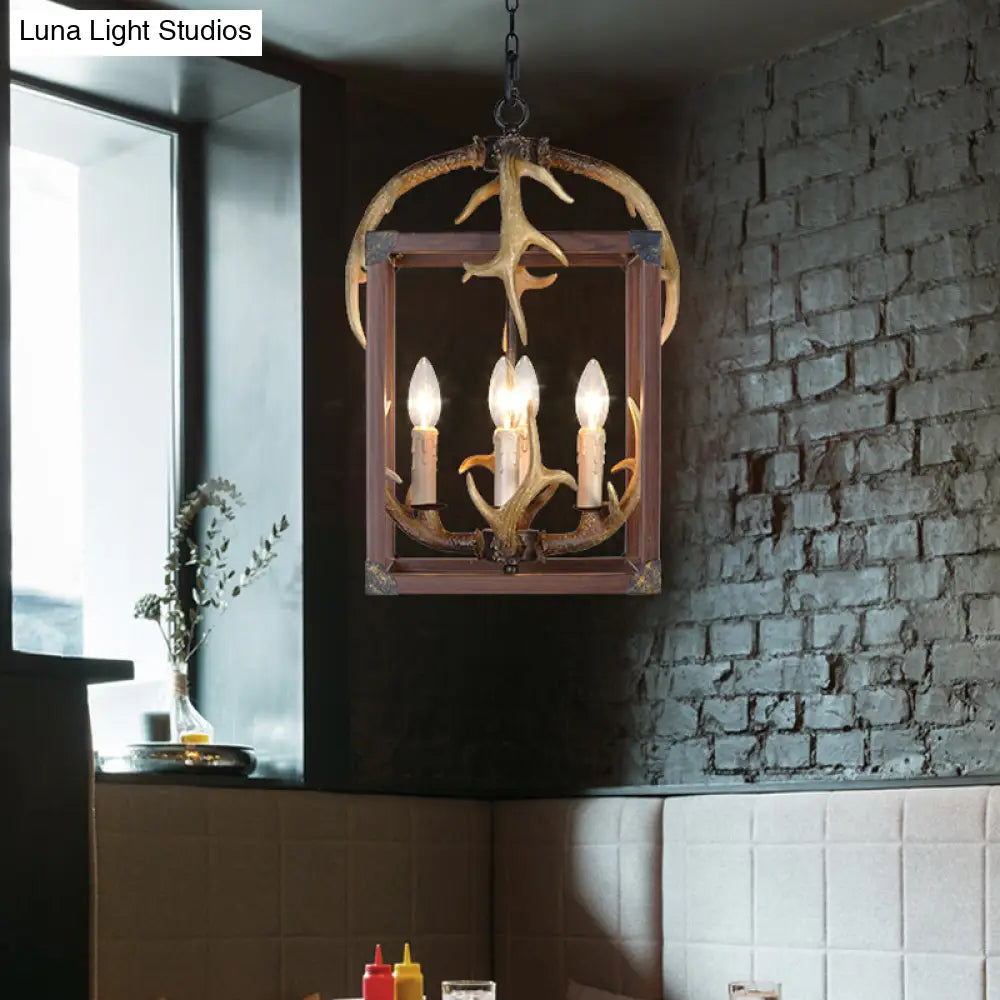 Rustic Metal Rectangle Frame Pendant Chandelier - Red Brown Finish 4/8 Lights Ideal For Dining Room