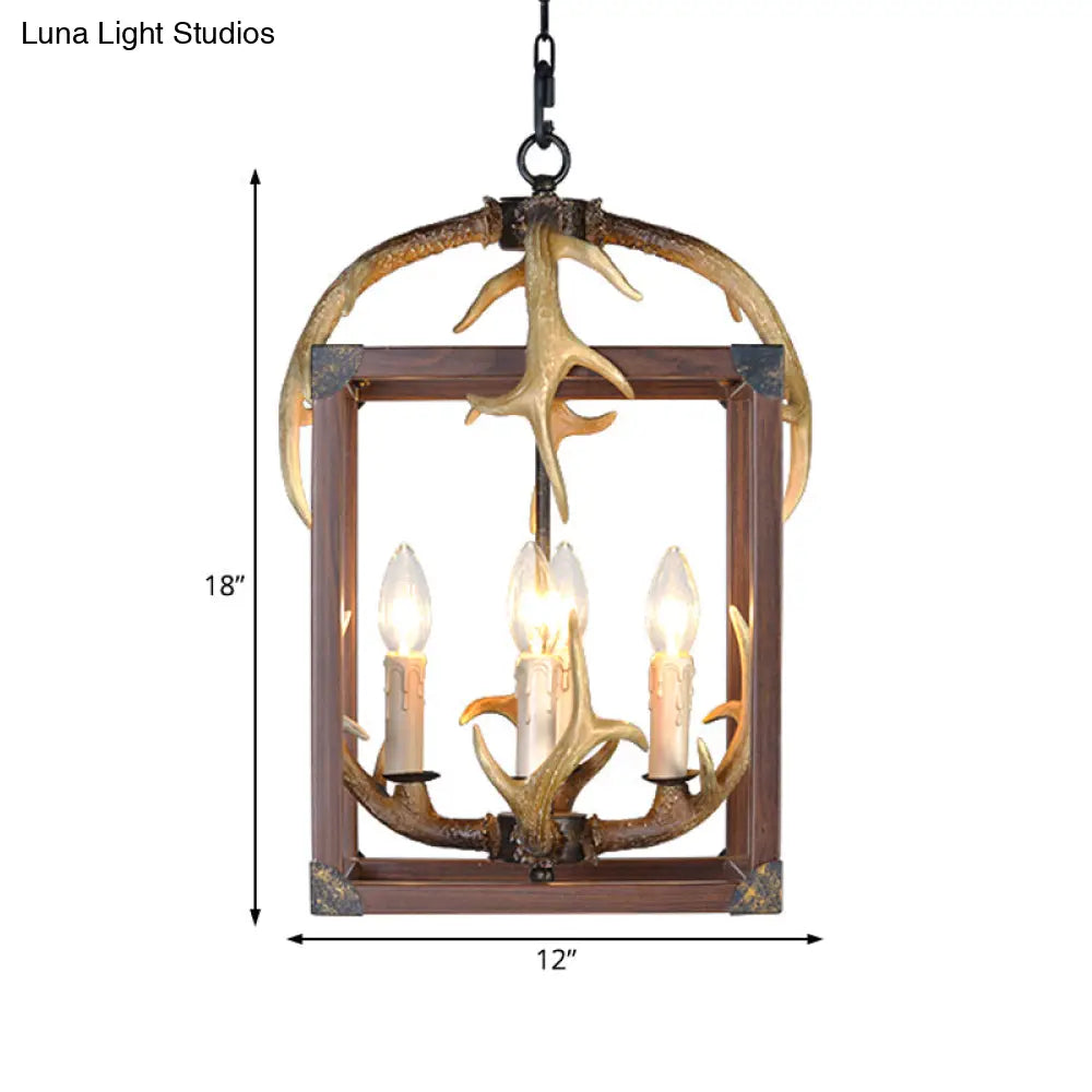Rustic Metal Rectangle Frame Pendant Chandelier - Red Brown Finish 4/8 Lights Ideal For Dining Room