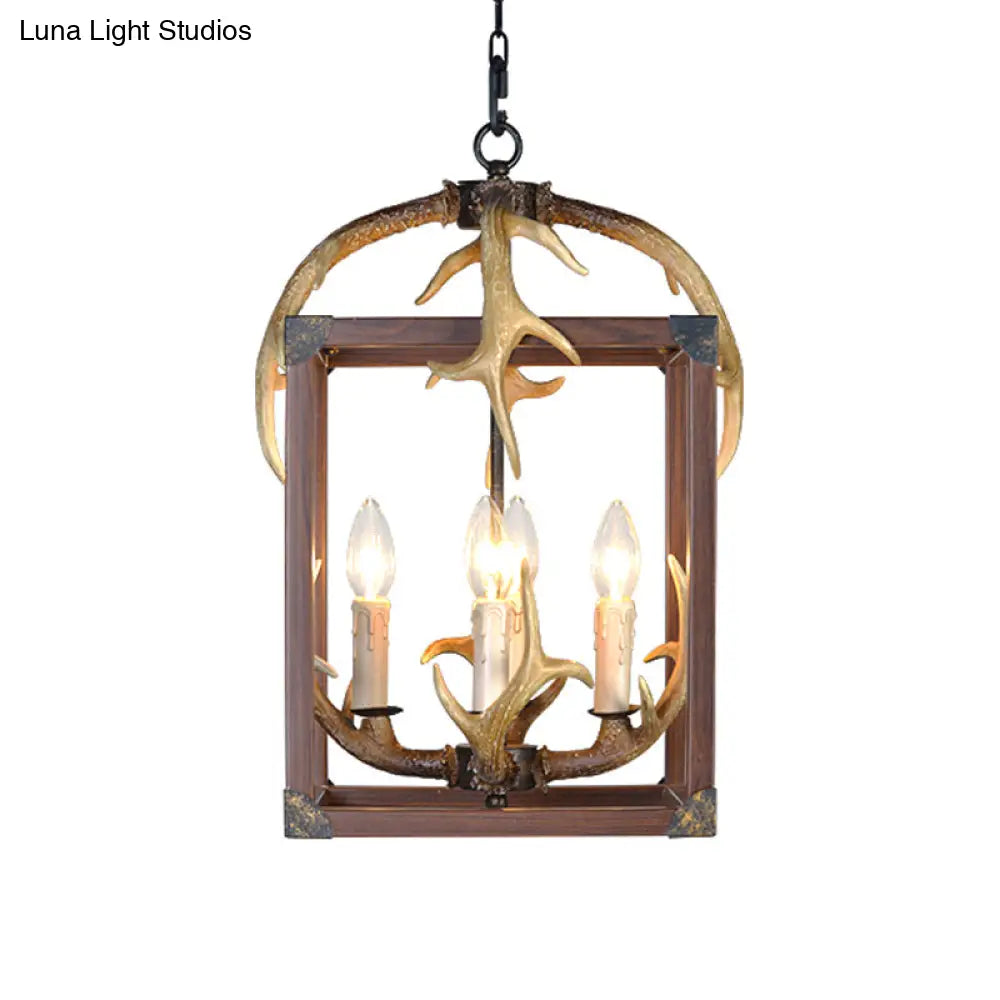 Rustic Metal Rectangle Frame Pendant Chandelier - Red Brown Finish 4/8 Lights Ideal For Dining Room