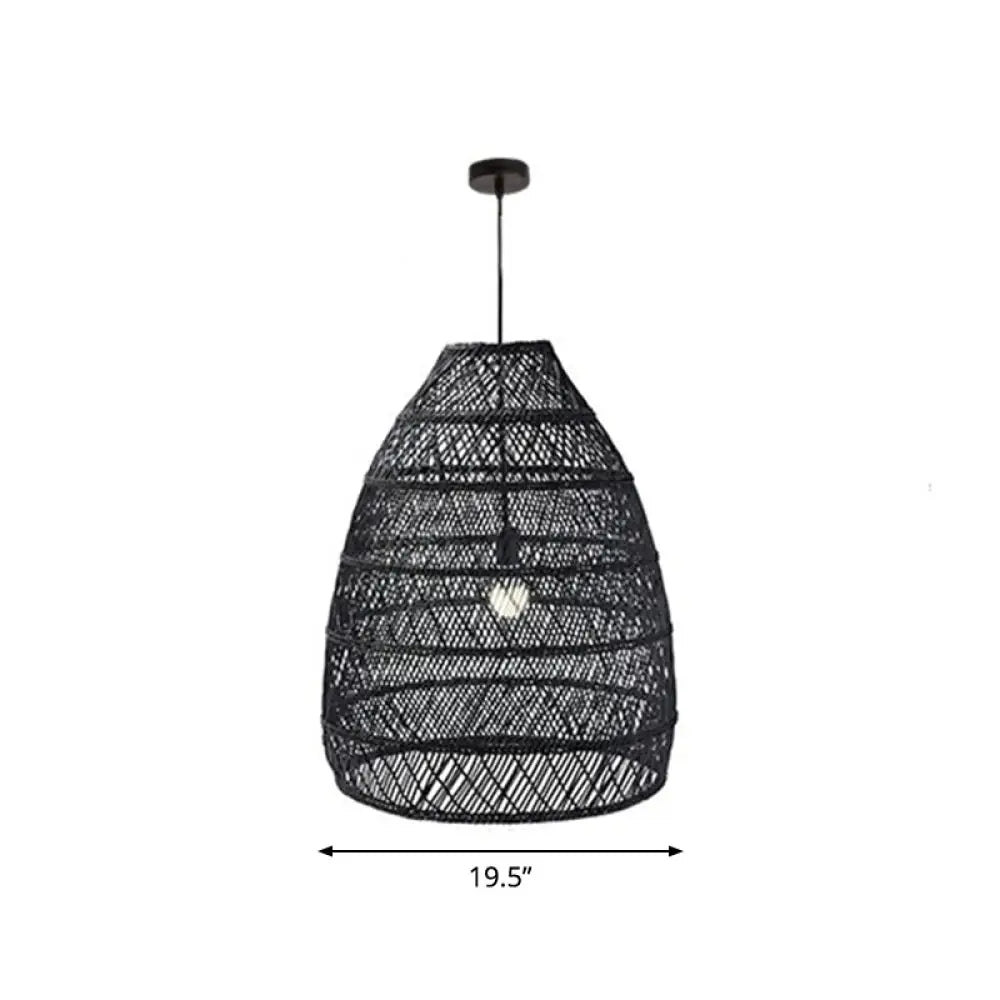 Rustic Rattan 1-Head Domed Pendant Lamp For Bedroom Ceiling Black / Large Oval
