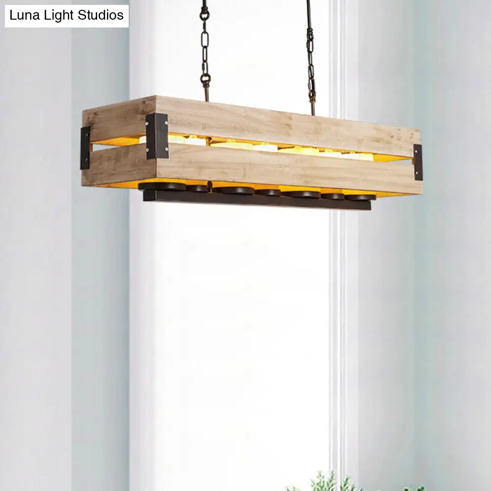 Rustic Rectangular Wood Island Pendant - 7-Light Dining Room Hanging Lamp In Brown