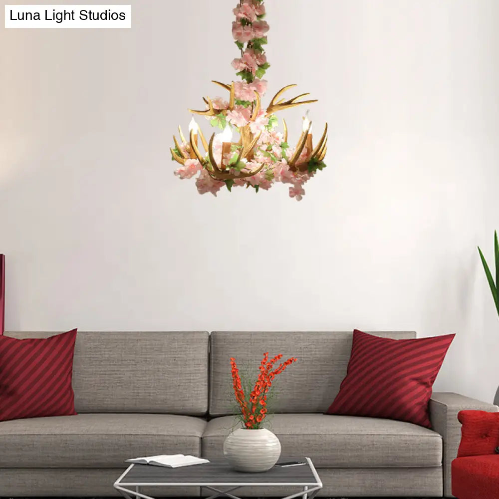 Rustic Resin Hanging Lamp - Candle Living Room Pendant Light With 4/6/12 Bulbs Pink/Green Chandelier