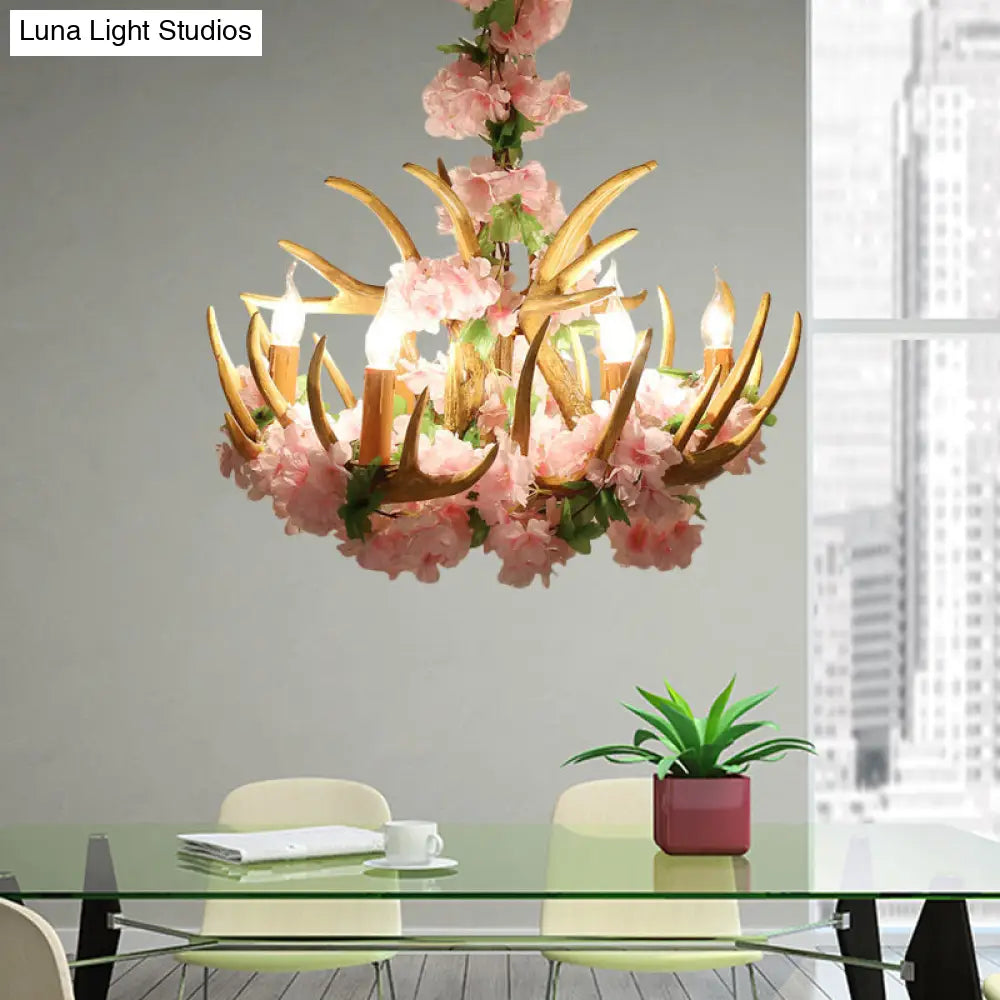 Rustic Resin Hanging Lamp - Candle Living Room Pendant Light With 4/6/12 Bulbs Pink/Green Chandelier