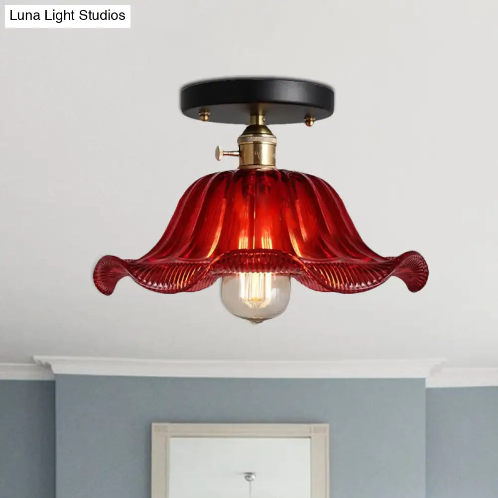 Rustic Ribbed Glass Scalloped Semi Flush Light Red/Blue/Clear 8’/10’/12’ Wide