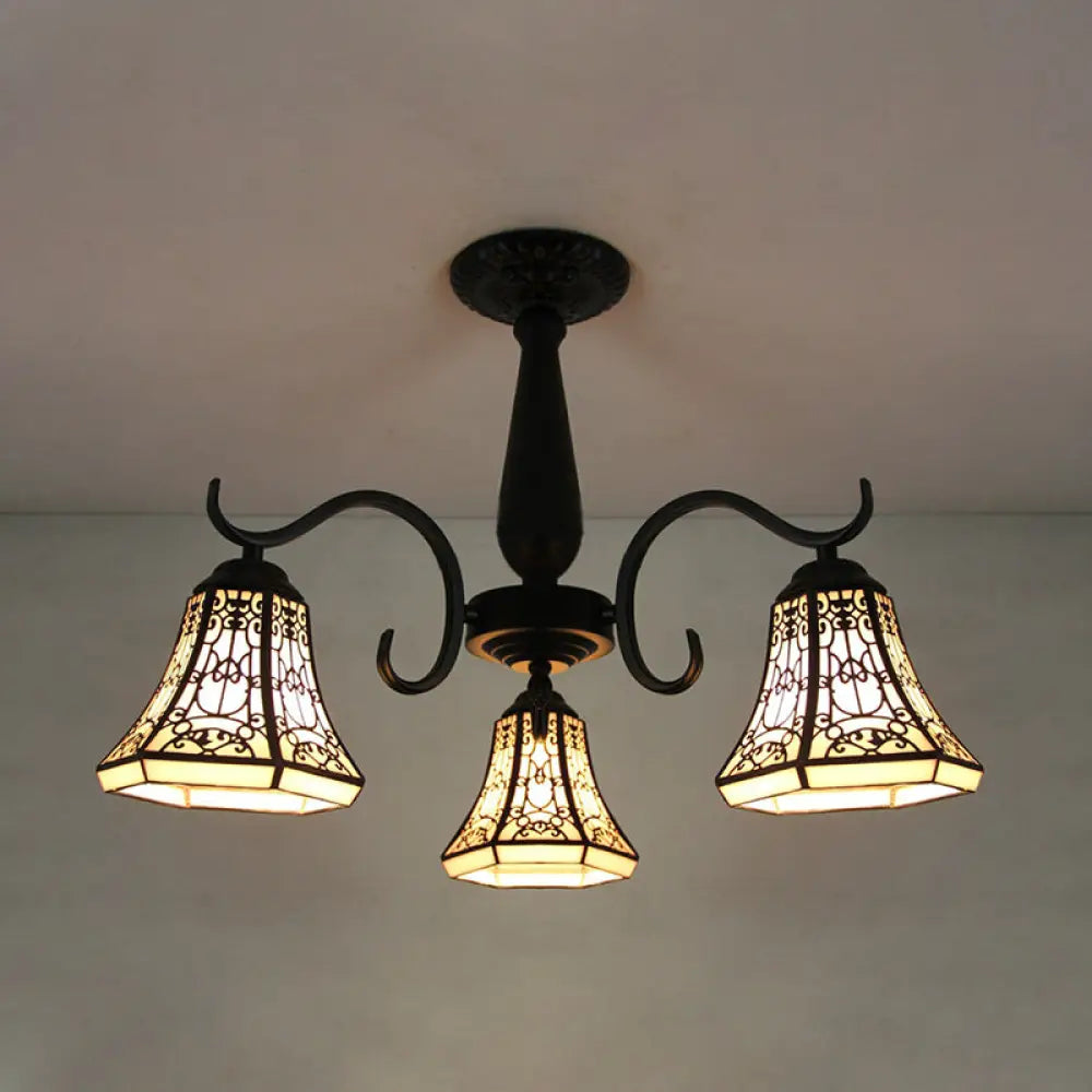Rustic Stained Glass Ceiling Light Fixture With Geometric Semi Flush Design – 3 Heads