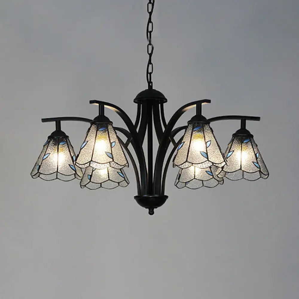 Rustic Stained Glass Chandelier With Leaf Design In Green/Blue - 6 Light Cone Hanging Fixture Black