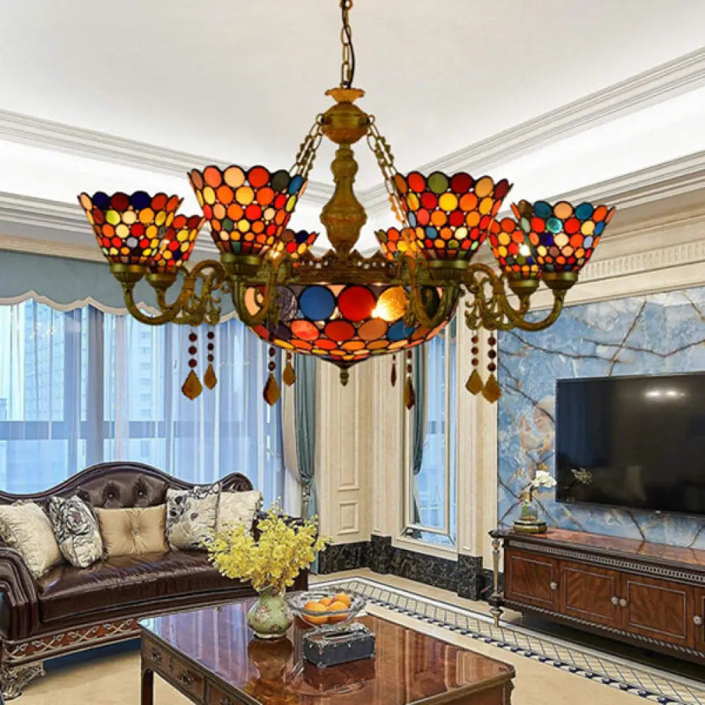 Rustic Stained Glass Cone Chandelier - Colorful Circle Pattern 11 Lights Bronze
