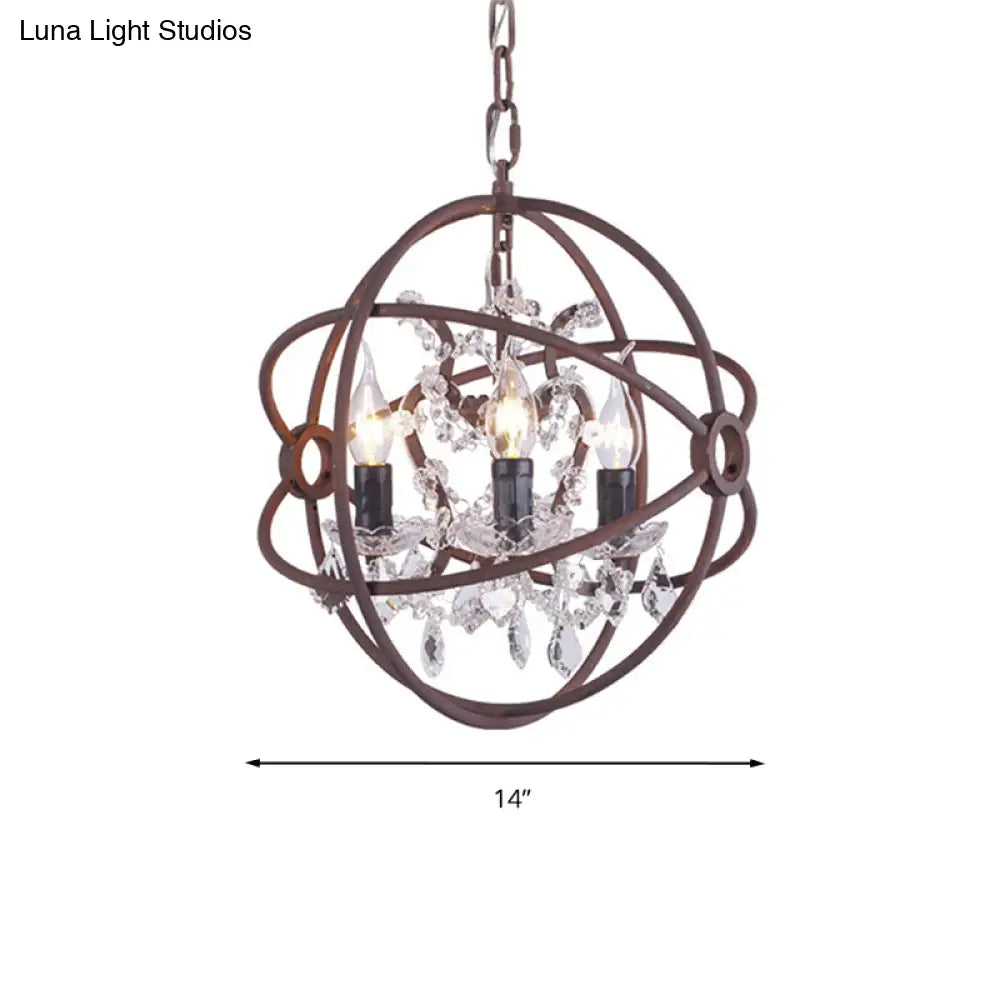 Rustic Vintage Chandelier Pendant Light Crystal Drop Orbit Design - 3 Heads Ceiling Fixture