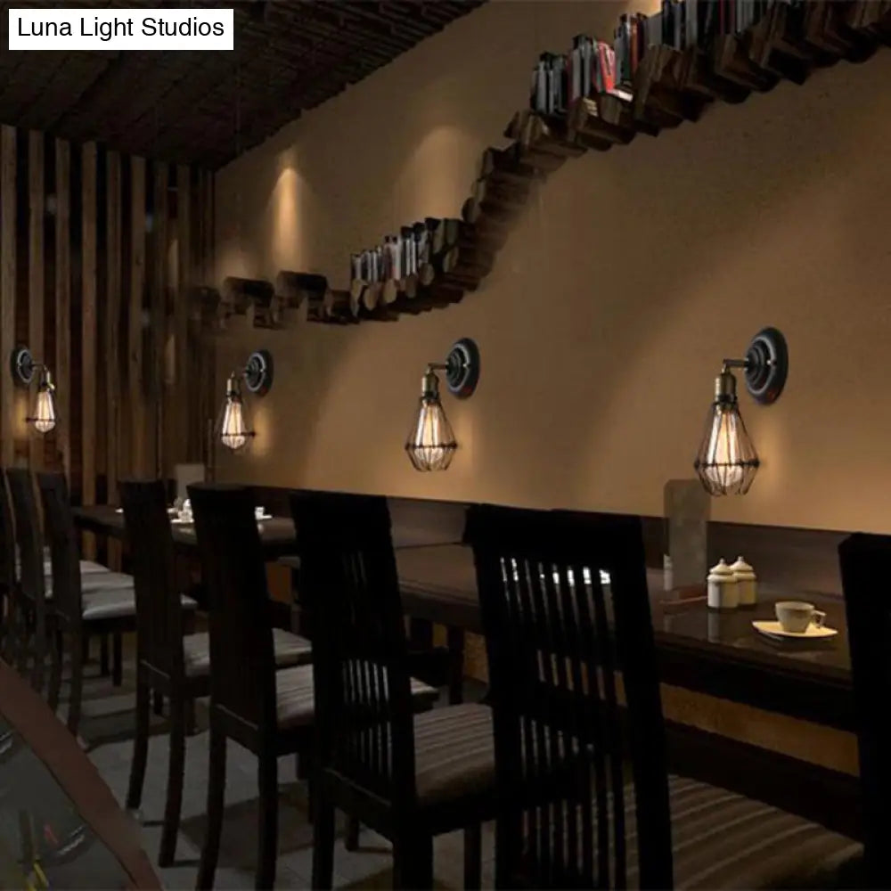Rustic Weathered Brass Iron Wall Sconce Lighting - Caged Mini Lamp For Dining Room