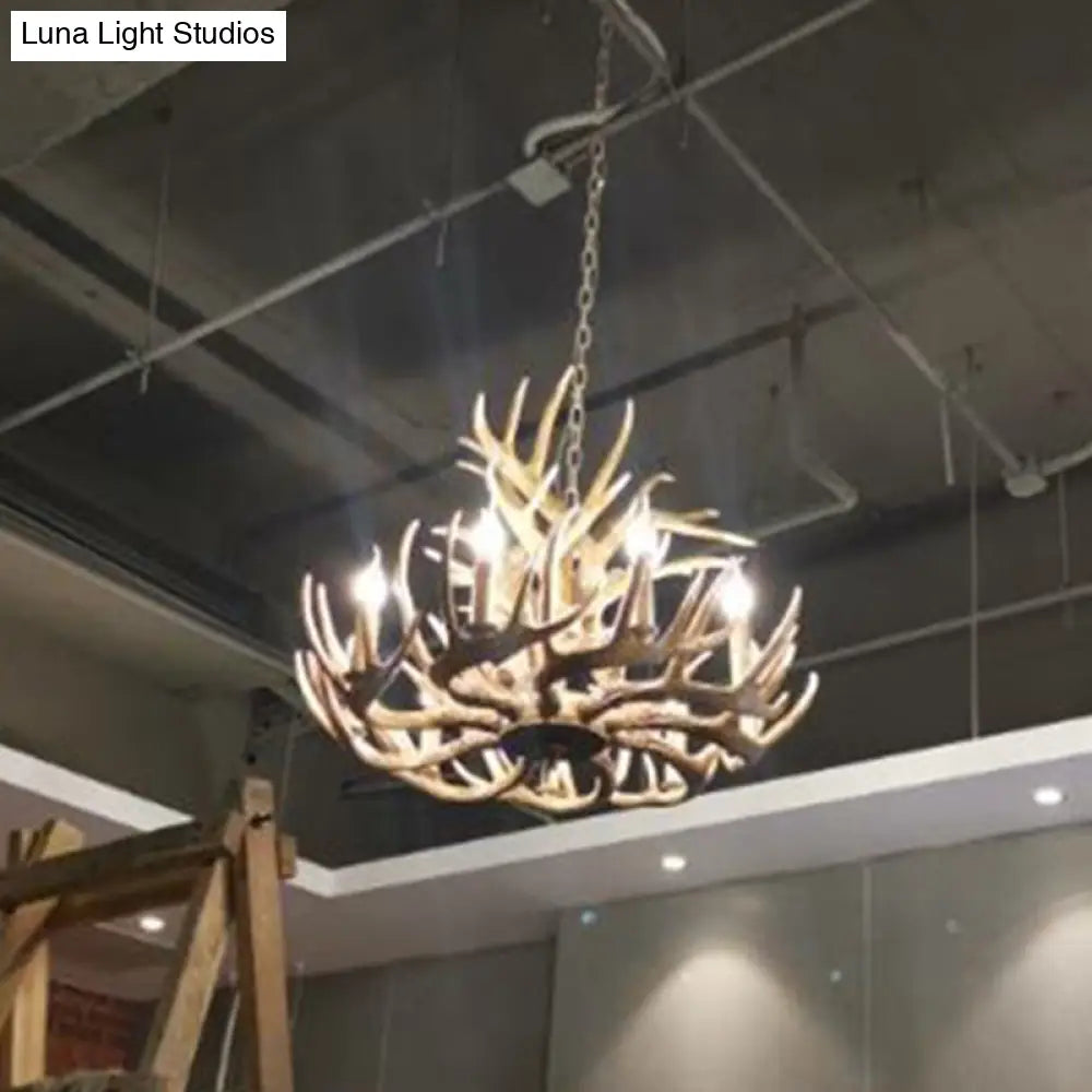 Rustic Wood-Like Resin Deer Horn Chandelier - American Restaurant Pendant Light Fixture