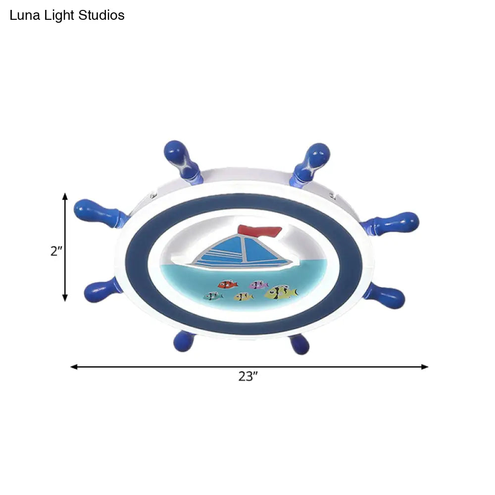 Sailboat Pattern Nautical Flush Mount Pendant Light - Blue And White Bedroom Ceiling Lighting