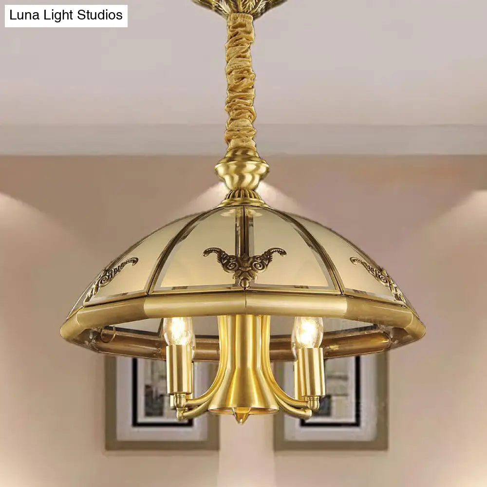 Sandblasted Glass Chandelier - Colonial Brass Dome Bedroom Pendant Lighting Fixture Set Of 5 Bulbs