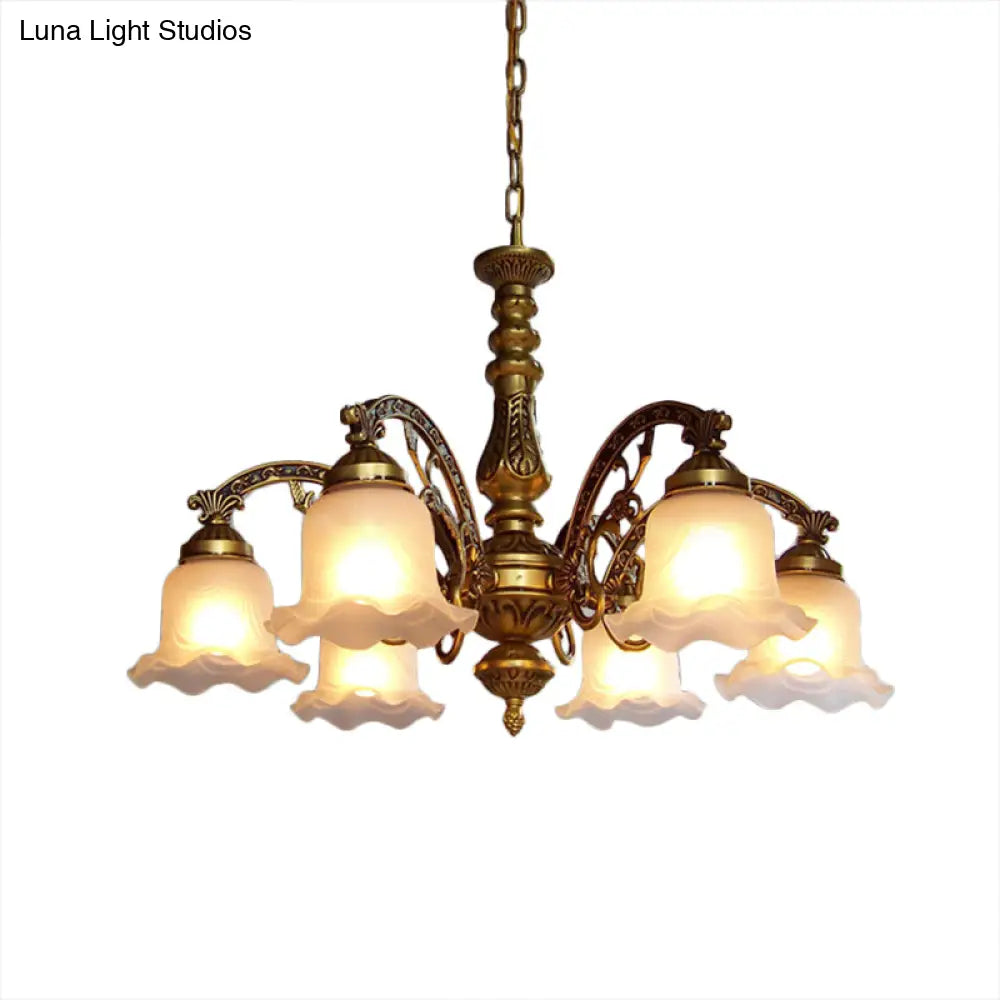 Scalloped Shade Brass Ceiling Chandelier With Frosted Textured Glass - Perfect For Dining Rooms 3/6