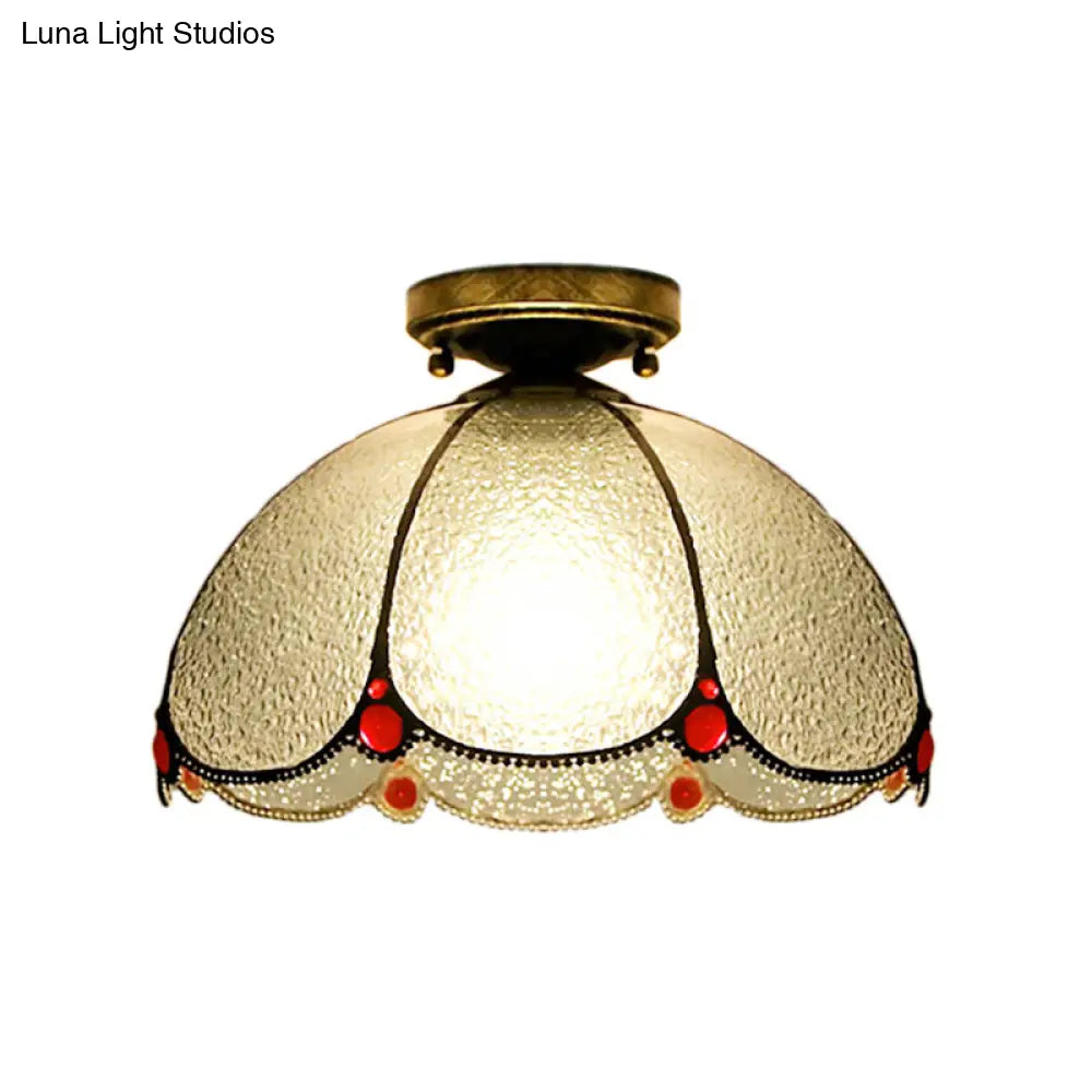 Scalloped Vintage Stained Glass Flush Mount Light - 1 In White/Beige/Blue Perfect For Living Room