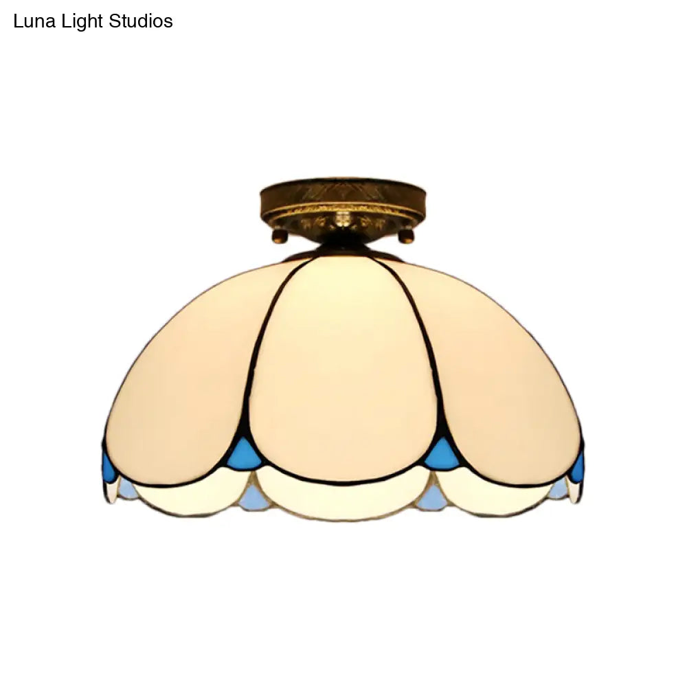 Scalloped Vintage Stained Glass Flush Mount Light - 1 In White/Beige/Blue Perfect For Living Room
