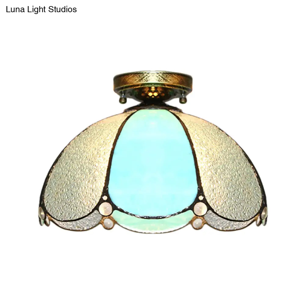 Scalloped Vintage Stained Glass Flush Mount Light - 1 In White/Beige/Blue Perfect For Living Room