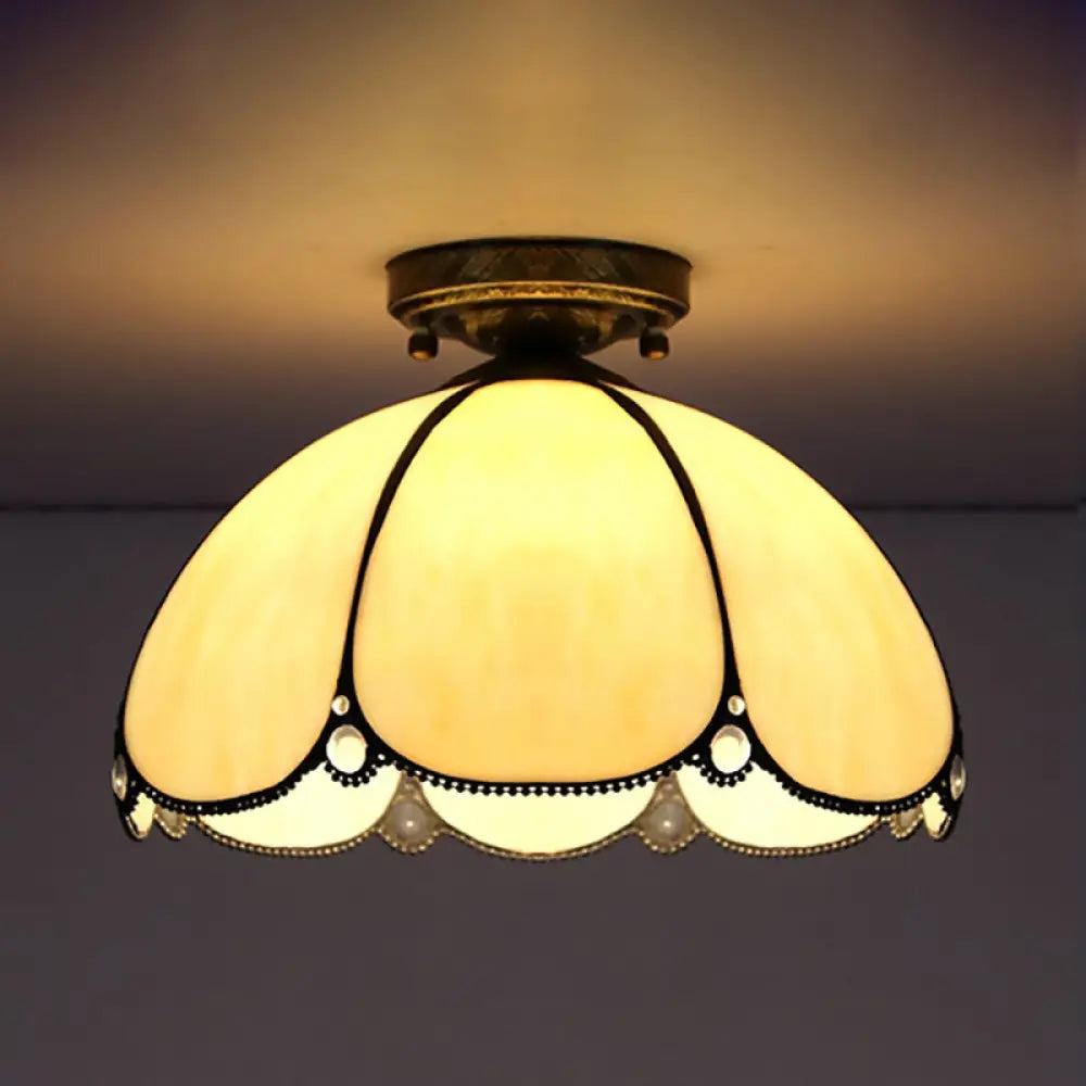 Scalloped Vintage Stained Glass Flush Mount Light - 1 In White/Beige/Blue Perfect For Living Room
