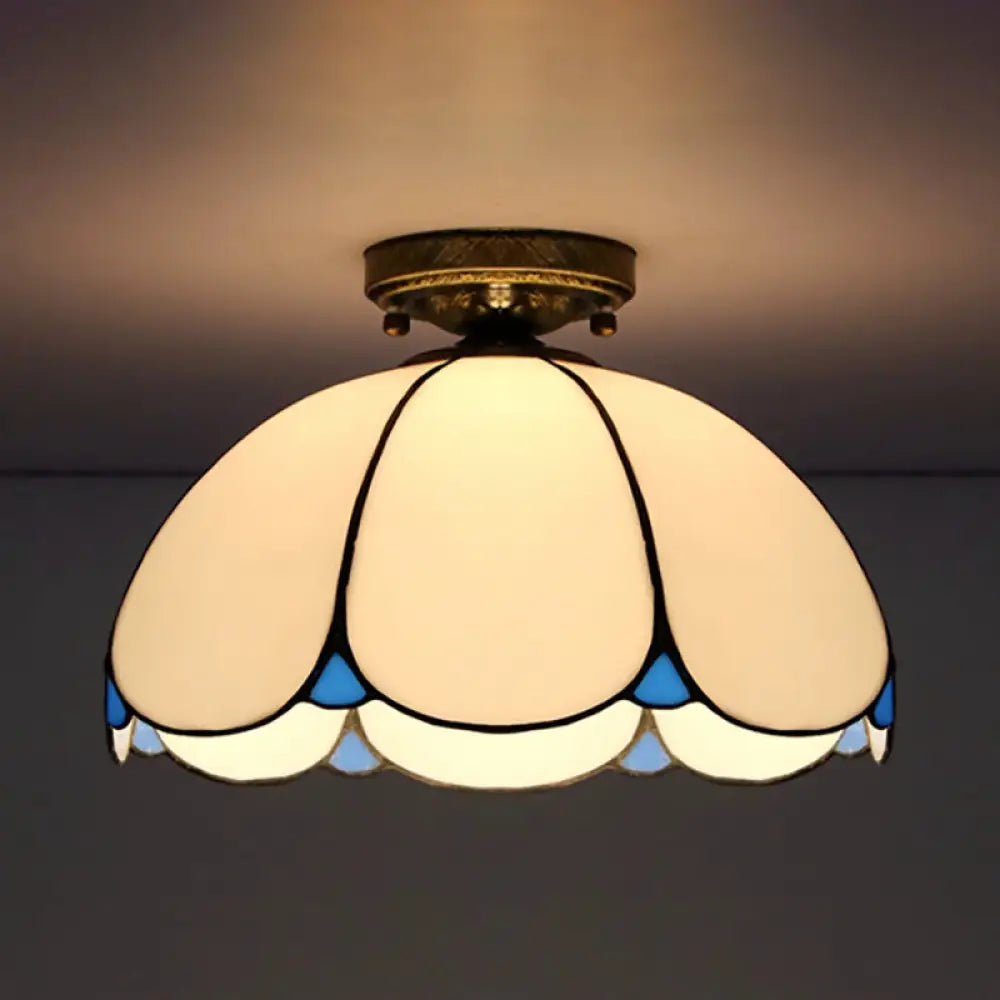 Scalloped Vintage Stained Glass Flush Mount Light - 1 In White/Beige/Blue Perfect For Living Room