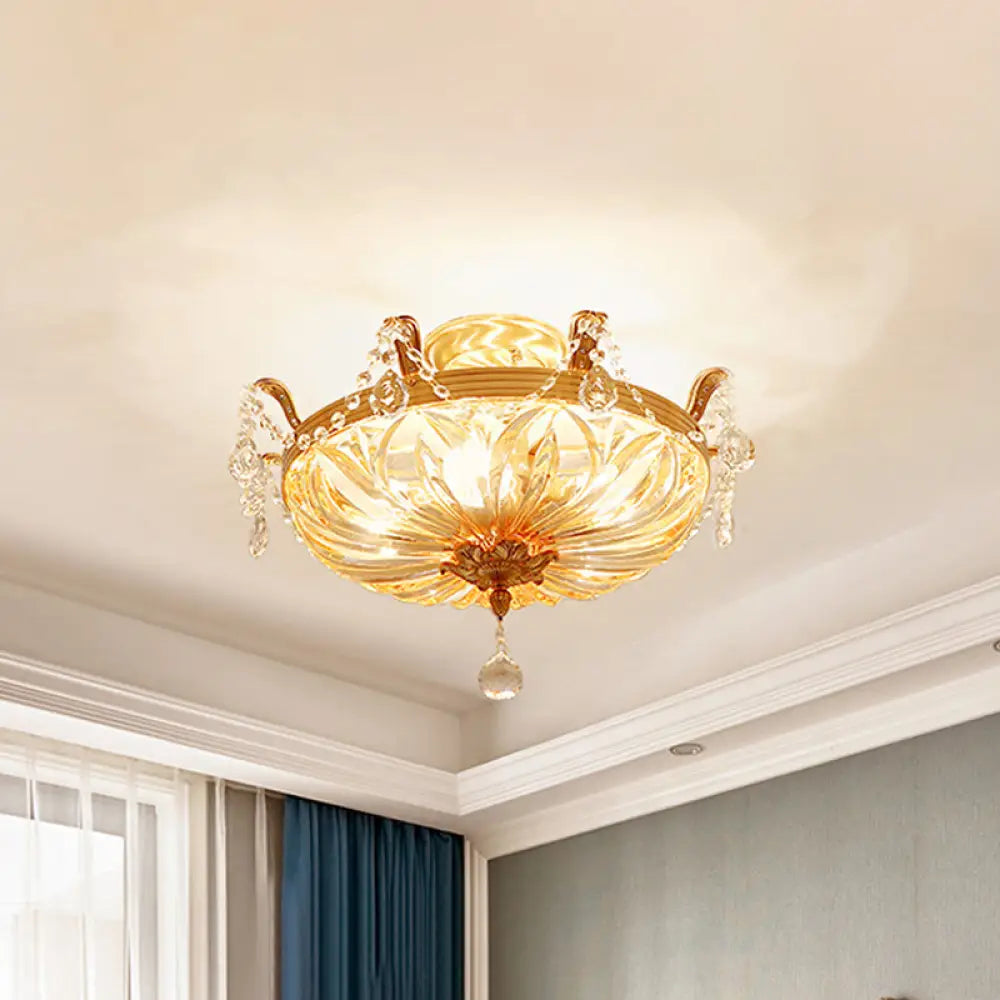 Semi Flush Amber Crystal Glass Brass 5 - Bulb Modern Light Fixture For Bedroom