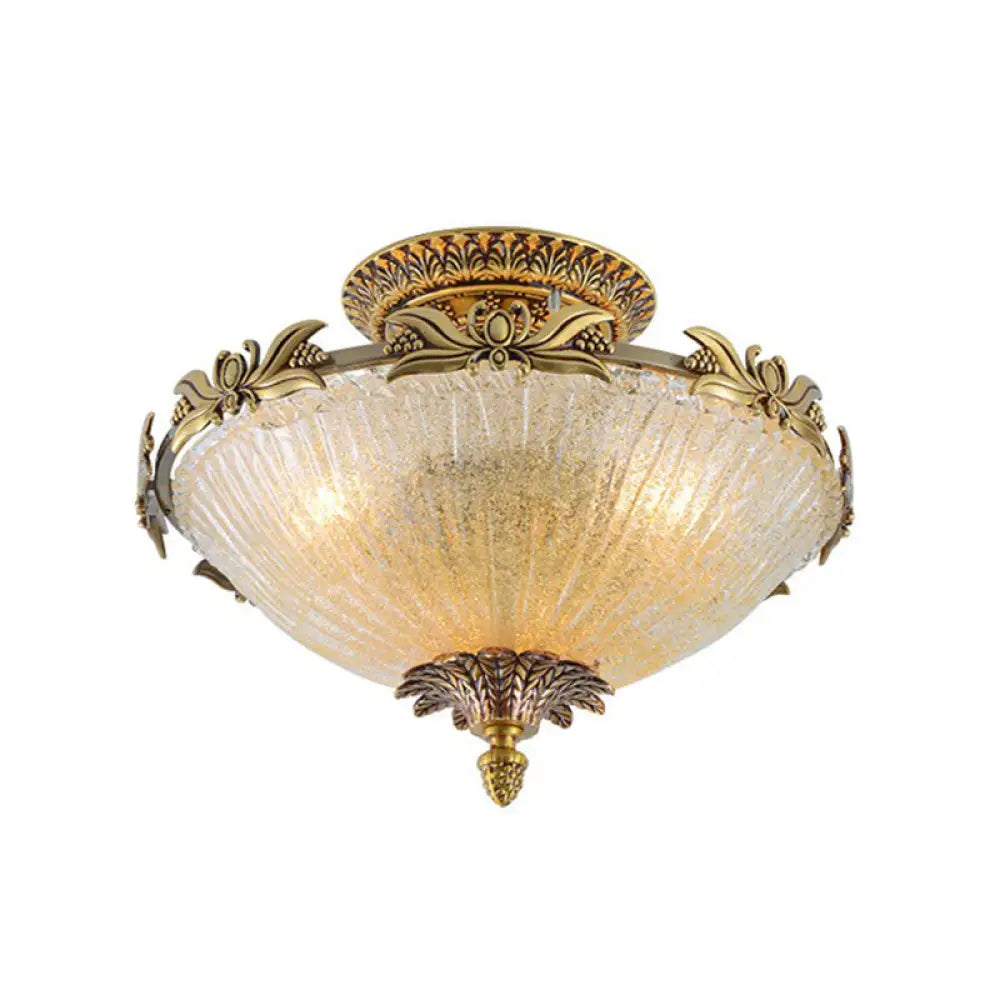 Semi Mount Lighting In Brass With Antiqued Bowl Shaped Flush Light And Clear Variegated Glass /