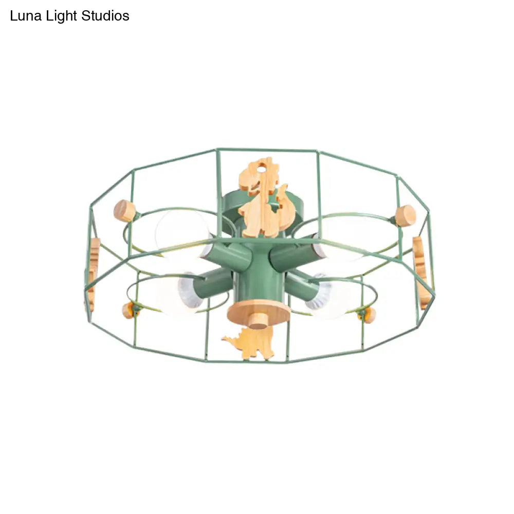 Semi Mount Metal Drum Cage Ceiling Lamp With Dinosaur Decoration - Green Finish 4 Lights