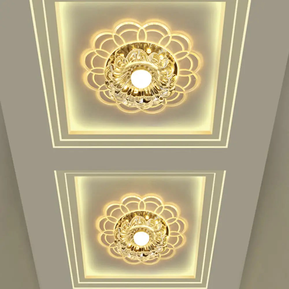 Silver Flush Mount Led Ceiling Light Fixture With Clear Crystal Flower Design - Warm/Multi Color