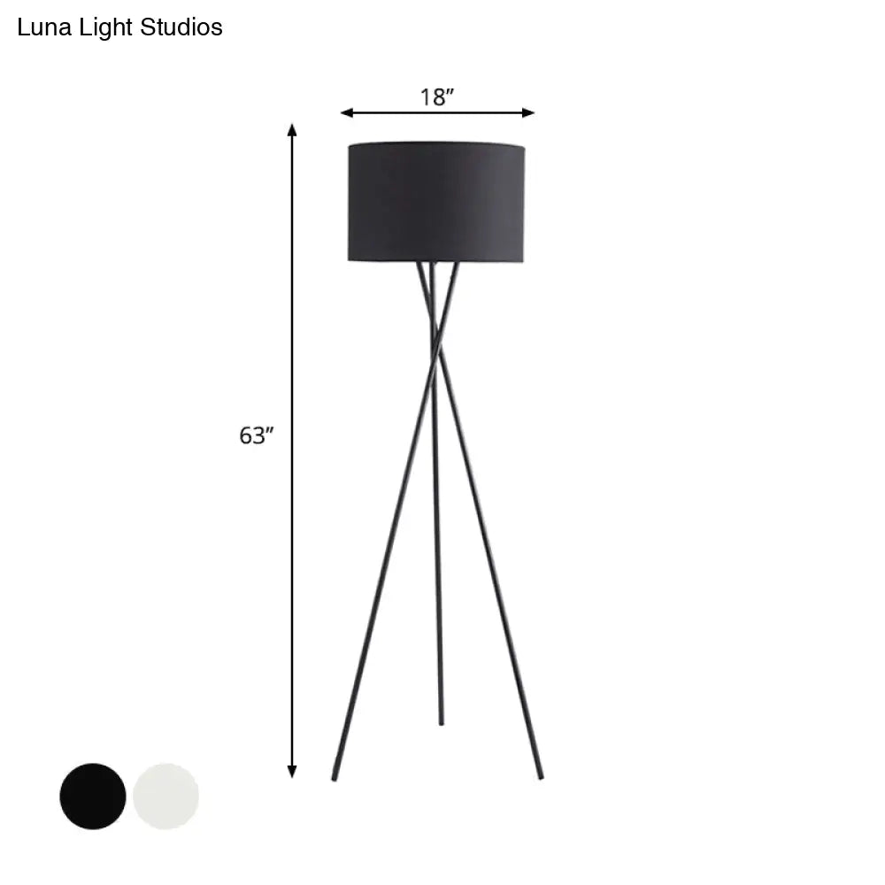 Simple Fabric Drum Shade Floor Reading Lamp With Tripod Stand - White/Black 1 Light