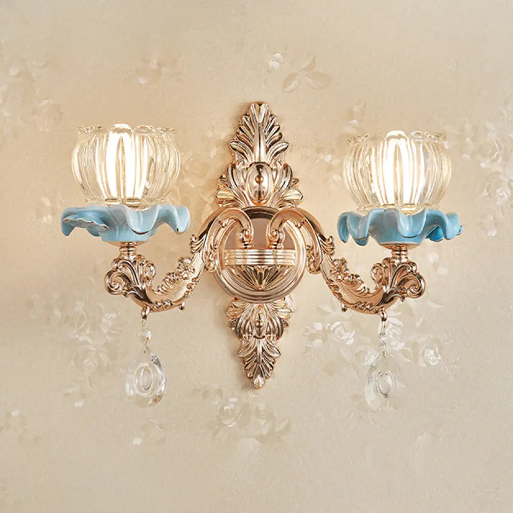 Simplicity Cream Glass Flower Wall Light With Gold Finish And Crystal Draping 2 / B