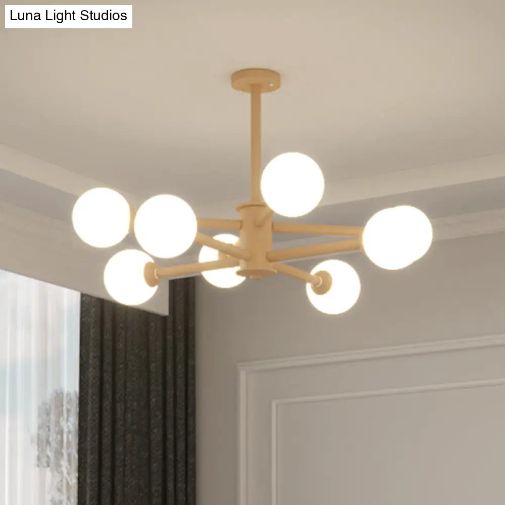 Simplicity Modern Beige Wood Hanging Light With White Frosted Glass Shade For Living Room & Bedroom