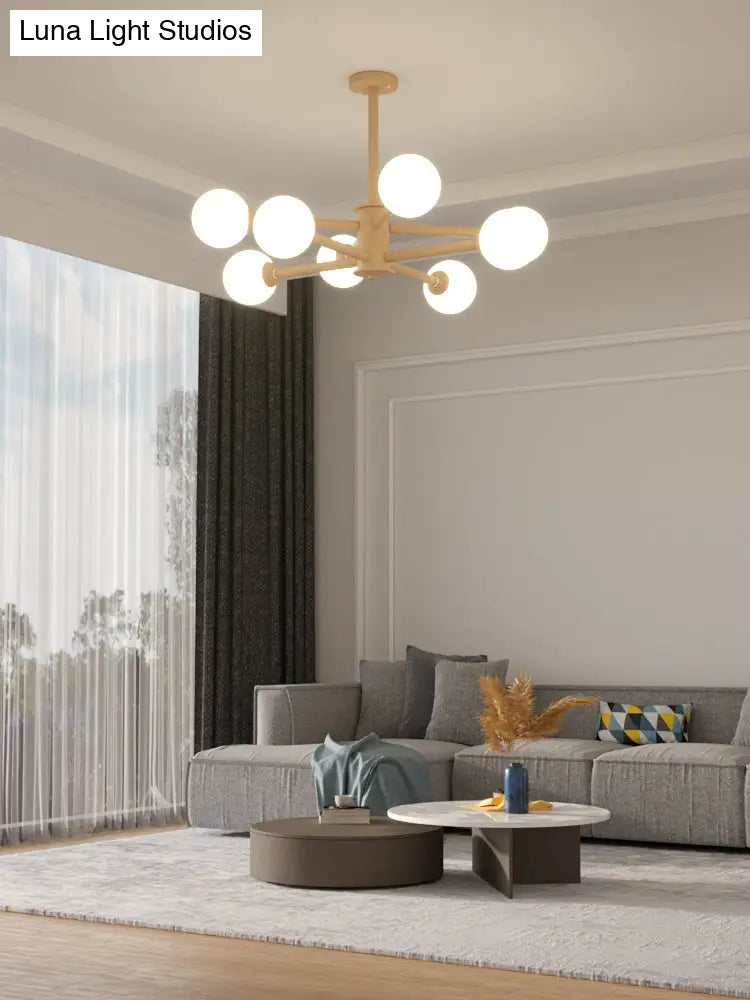 Simplicity Modern Beige Wood Hanging Light With White Frosted Glass Shade For Living Room & Bedroom