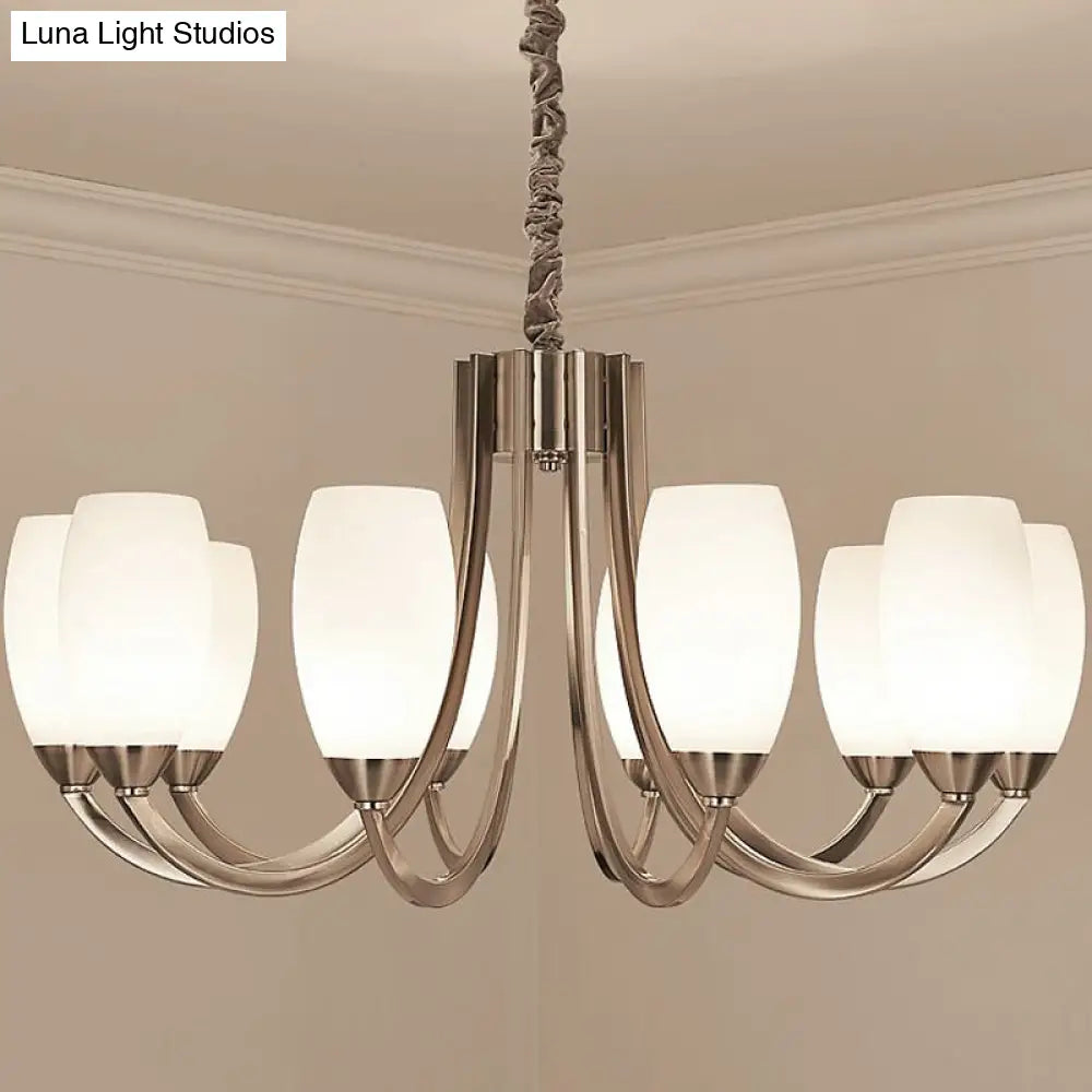 Simplicity Nickel Finish Swoop Arm Chandelier With Oval White Glass Shade: Elegant Metal Pendant