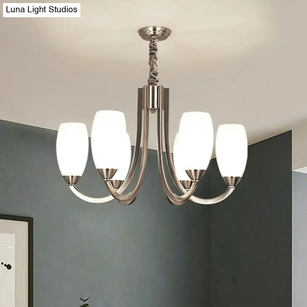 Simplicity Nickel Finish Swoop Arm Chandelier With Oval White Glass Shade: Elegant Metal Pendant