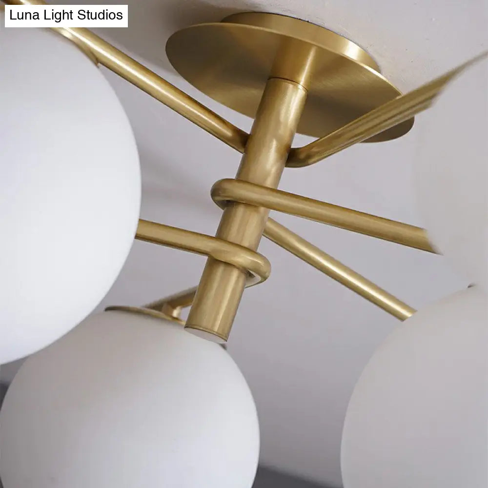 Sleek 6 - Light Gold Sputnik Semi Flush Mount Ceiling Lamp With White Glass Ball Shade