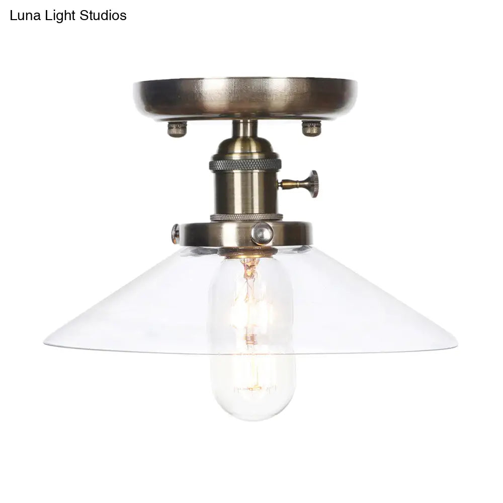 Sleek Metal Semi Flush Mount Industrial Light Fixture With 1 Bulb For Living Room In White/Clear